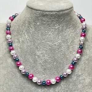 Artisan Multicolor Glass Pearl Hand Knotted Beaded Necklace Pink Purple White